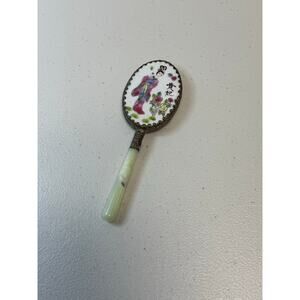 Mirror / Famille Rose / Hand Painted / Porcelain / Nephrite Jade Handle /Vintage